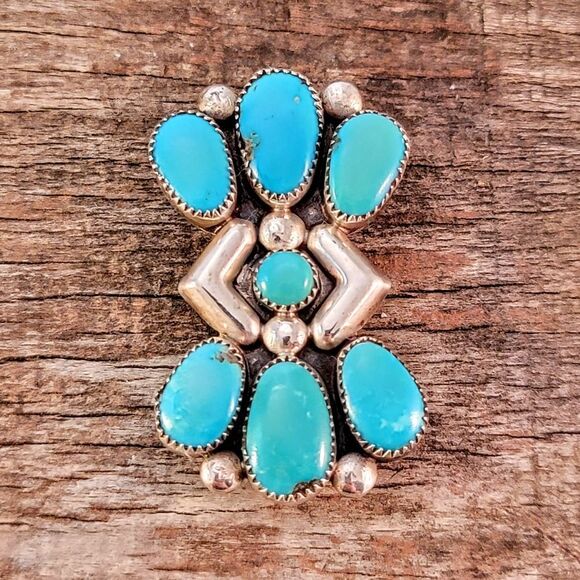 Zuni Julie Ondelacy Lahi Sterling Native American Turquoise Dual Pendant Brooch - Picture 2 of 7